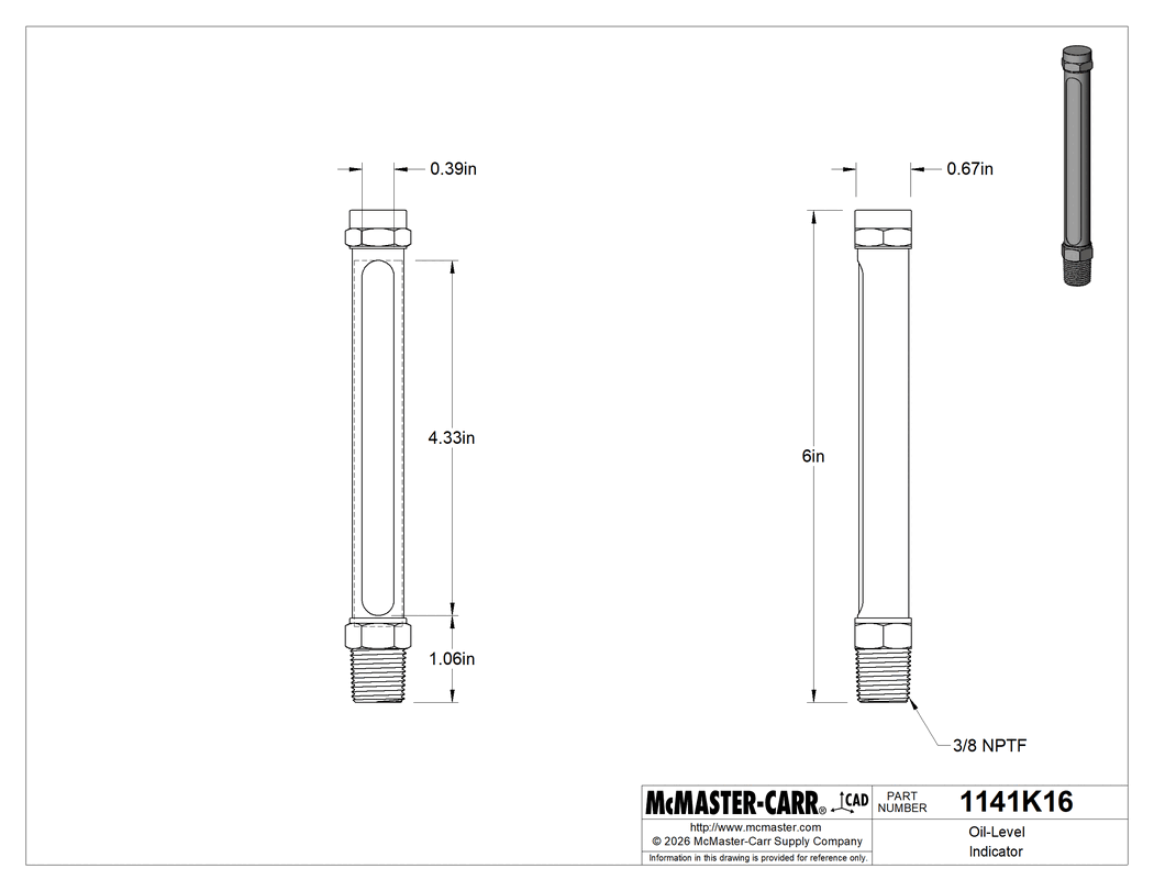 Technical Drawing of Oil-Level Indicator, Brass Straight, 3/8 NPTF Male, 6" Overall Height.